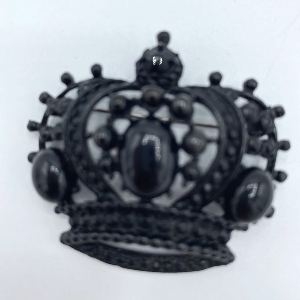 Vintage Estate SIGNED WEISS Black Rhinestone Crown Pendant Brooch 2"